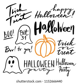 Collection of vector hand lettering about Halloween Party, trick or treat, boo. Modern brush calligraphy isolated on white background for Halloween greeting cards and design.