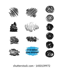 Collection of vector Hand made grunge elements and backgrounds isolated on white ground. Ink strokes and circle for your design. Dirty lines and dabs. Black on white dab.