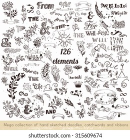 Collection of vector hand sketched doodles, catchwords and ribbons