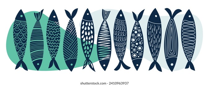 Colección de peces abstractos adornados a mano vectorial en estilo plano. Cuerpo de peces, iconos vectoriales. Ilustración vectorial para icono, logotipo, impresión, icono, patrón, clipart