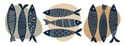 Sammlung Von Handgezeichneten, Handgezeichneten, Süßen Fischen Im Flachen Stil. Fischkörper, Vektorsymbole. Vektorgrafik Für Symbol, Logo, Druck, Symbol, Muster.