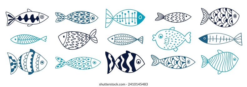 Collection of vector hand-drawn cute fish in flat style. Big set of fish body vector icons. Vector illustration for icon, logo, print, icon, card, emblem, label, sticker