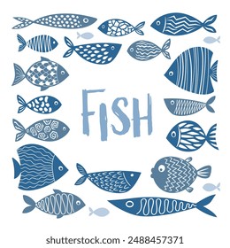 Colección de Vector dibujado a mano lindo pescado en estilo plano. Gran conjunto de iconos de vectores de cuerpo de pez. Ilustración vectorial para el icono, logotipo, impresión, icono, tarjeta, emblema, etiqueta, etiqueta