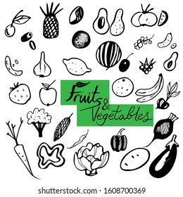 Collection of vector hand-drawn fruits and vegetables in vector. The set contains such main fruits as: cherry, olives, pineapple, coconut, coffee bean, avocado, banana, lemon, strawberry and others.