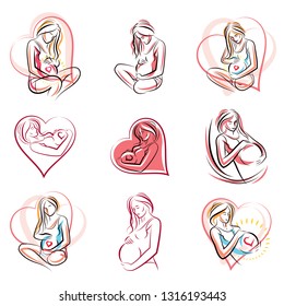 Collection of vector hand-drawn illustration of pregnant elegant woman expecting baby, sketch. Love and fondle theme.