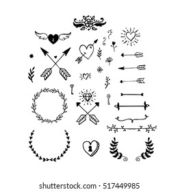 Collection of vector handdrawn Valentine's day design elements. Sketch doodle hearts, wreaths, borders, arrows.