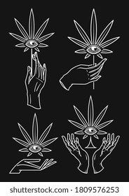 Collection of vector hands holding cannabis leafs that contain an eye at the center of it.
