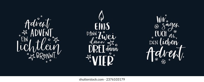 Collection of vector handwritten Advent calligraphic lettering text in German language for example "Happy first Advent" Great for calendar, greeting card, poster. Religious nativity.