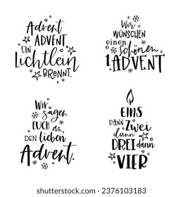 Collection of vector handwritten Advent calligraphic lettering text in German language for example "Happy first Advent" Great for calendar, greeting card, poster. Religious nativity.