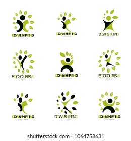 Collection of vector happy abstract human with raised hands up. Green tourism idea.