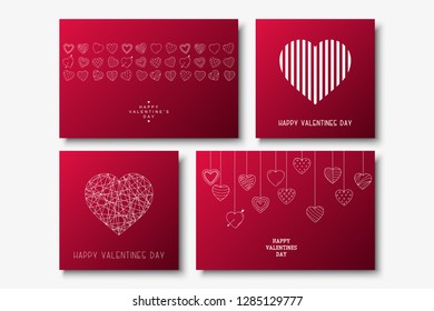 Collection of vector Happy Valentine's Day cards - hand drawn design. Beautiful red backgrounds with creative lettering and decorative elements. Doodle and geometric style.