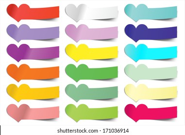 collection vector heart sticky notes, transparent shadows 