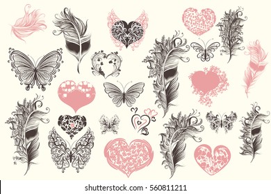 Collection of vector hearts, butterflies and feathers