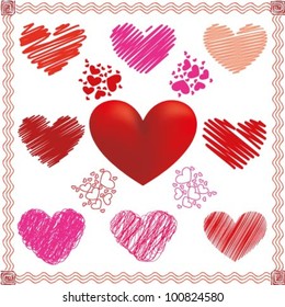Collection of vector hearts in different color and fill
