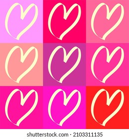 a collection of vector hearts drawn with a white outline, on a pink background of different shades