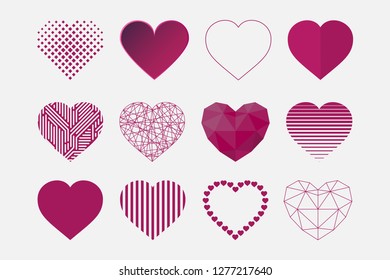 Collection of vector hearts icons in different styles - creative design. Happy Valentine's Day.