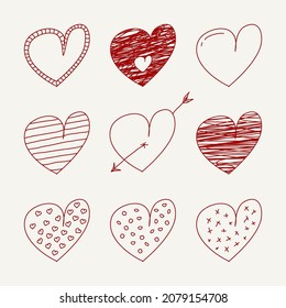 Collection of vector hearts icons  in doodle style - drawing creative design. Cute vector painting symbols
