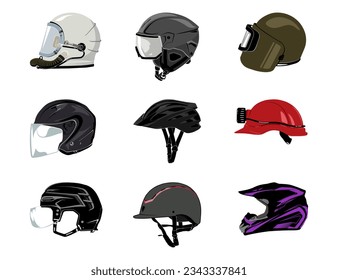 collection of vector helmet on white background, motorcycle helmet, bicycle helmet, construction, hockey helmet, ski 