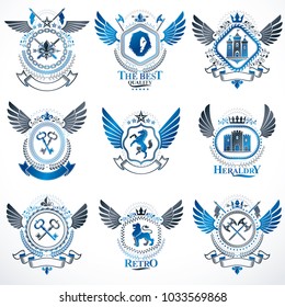 Collection of vector heraldic decorative coat of arms isolated on white and created using vintage design elements, monarch crowns, pentagonal stars, armory, wild animals.