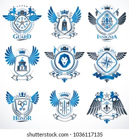 Collection of vector heraldic decorative coat of arms isolated on white and created using vintage design elements, monarch crowns, pentagonal stars, armory, wild animals.
