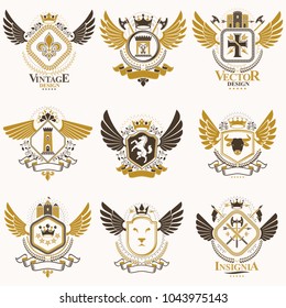 Collection of vector heraldic decorative coat of arms isolated on white and created using vintage design elements, monarch crowns, pentagonal stars, armory, wild animals.