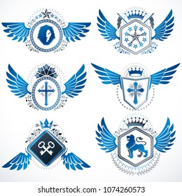 Collection of vector heraldic decorative coat of arms isolated on white and created using vintage design elements, monarch crowns, pentagonal stars, armory, wild animals.