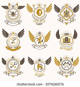 Collection of vector heraldic decorative coat of arms isolated on white and created using vintage design elements, monarch crowns, pentagonal stars, armory, wild animals.