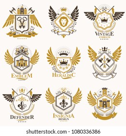 Collection of vector heraldic decorative coat of arms isolated on white and created using vintage design elements, monarch crowns, pentagonal stars, armory, wild animals.