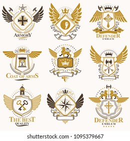 Collection of vector heraldic decorative coat of arms isolated on white and created using vintage design elements, monarch crowns, pentagonal stars, armory, wild animals.