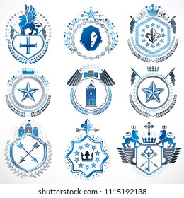Collection of vector heraldic decorative coat of arms isolated on white and created using vintage design elements, monarch crowns, pentagonal stars, armory, wild animals.
