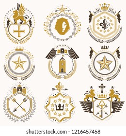 Collection of vector heraldic decorative coat of arms isolated on white and created using vintage design elements, monarch crowns, pentagonal stars, armory, wild animals.