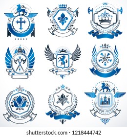 Collection of vector heraldic decorative coat of arms isolated on white and created using vintage design elements, monarch crowns, pentagonal stars, armory, wild animals.