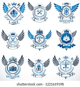 Collection of vector heraldic decorative coat of arms isolated on white and created using vintage design elements, monarch crowns, pentagonal stars, armory, wild animals.