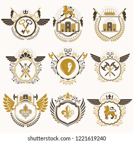 Collection of vector heraldic decorative coat of arms isolated on white and created using vintage design elements, monarch crowns, pentagonal stars, armory, wild animals.