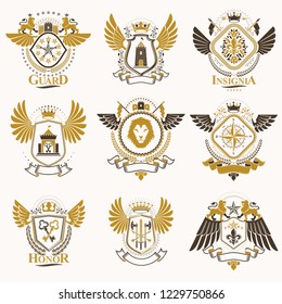 Collection of vector heraldic decorative coat of arms isolated on white and created using vintage design elements, monarch crowns, pentagonal stars, armory, wild animals.