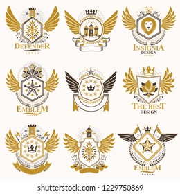 Collection of vector heraldic decorative coat of arms isolated on white and created using vintage design elements, monarch crowns, pentagonal stars, armory, wild animals.