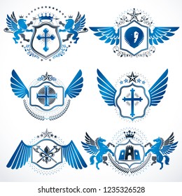Collection of vector heraldic decorative coat of arms isolated on white and created using vintage design elements, monarch crowns, pentagonal stars, armory, wild animals.