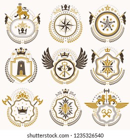 Collection of vector heraldic decorative coat of arms isolated on white and created using vintage design elements, monarch crowns, pentagonal stars, armory, wild animals.