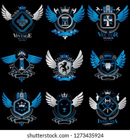 Collection of vector heraldic decorative coat of arms isolated on white and created using vintage design elements, monarch crowns, pentagonal stars, armory, wild animals.