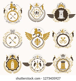 Collection of vector heraldic decorative coat of arms isolated on white and created using vintage design elements, monarch crowns, pentagonal stars, armory, wild animals.