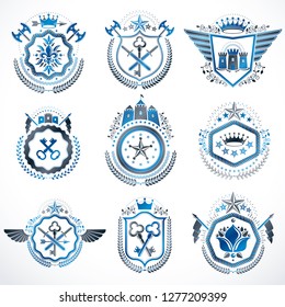 Collection of vector heraldic decorative coat of arms isolated on white and created using vintage design elements, monarch crowns, pentagonal stars, armory, wild animals.
