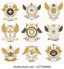 Collection of vector heraldic decorative coat of arms isolated on white and created using vintage design elements, monarch crowns, pentagonal stars, armory, wild animals.