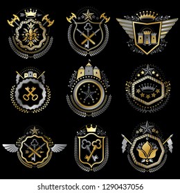 Collection of vector heraldic decorative coat of arms isolated on white and created using vintage design elements, monarch crowns, pentagonal stars, armory, wild animals.