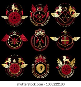 Collection of vector heraldic decorative coat of arms isolated on white and created using vintage design elements, monarch crowns, pentagonal stars, armory, wild animals.