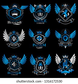 Collection of vector heraldic decorative coat of arms isolated on white and created using vintage design elements, monarch crowns, pentagonal stars, armory, wild animals.