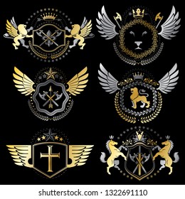 Collection of vector heraldic decorative coat of arms isolated on white and created using vintage design elements, monarch crowns, pentagonal stars, armory, wild animals.
