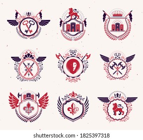 Collection of vector heraldic decorative coat of arms isolated on white and created using vintage design elements, monarch crowns, pentagonal stars, armory, wild animals.