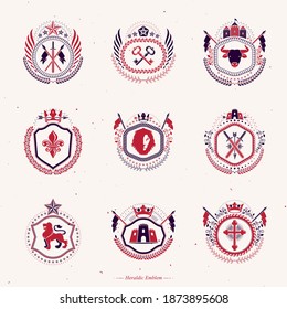 Collection of vector heraldic decorative coat of arms isolated on white and created using vintage design elements, monarch crowns, pentagonal stars, armory, wild animals.