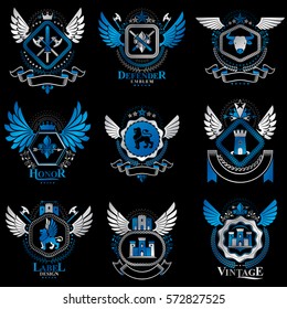 Collection of vector heraldic decorative coat of arms isolated on white and created using vintage design elements, monarch crowns, pentagonal stars, armory, wild animals.