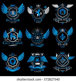 Collection of vector heraldic decorative coat of arms isolated on white and created using vintage design elements, monarch crowns, pentagonal stars, armory, wild animals.